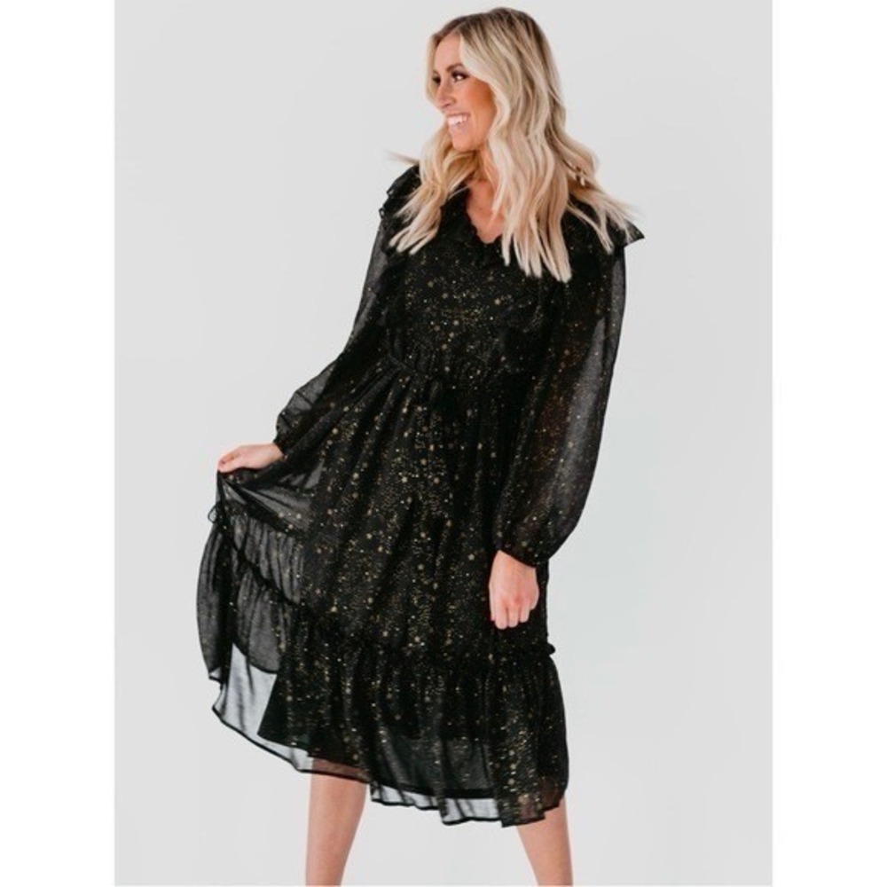 BY THE RIVER Chiffon Midi Dress Ruffled Black Gold Stars Party Glam Star Small‎